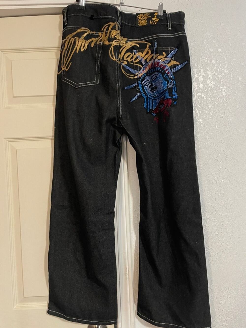 Christian Audigier Black Jeans with Gold Script Statue of Liberty embroidery
